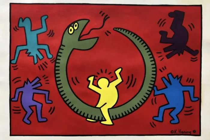 A red painting with dancing figures allegedly forged to look like a Keith Haring piece.